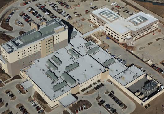 Aerial view of the 125,000-square-foot Texoma Medical Center, the largest hospital in the Denison, Texas area.